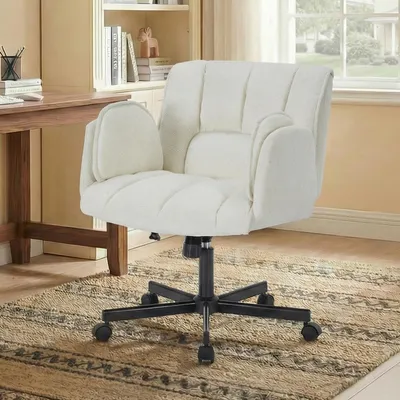 Produktbild von Bürostuhl fürs Homeoffice, Drehstuhl mit Rollen, drehbarer Bürostuhl mit klappbaren Armlehnen, Belastbarkeit 150 kg, höhenverstellbar, beige