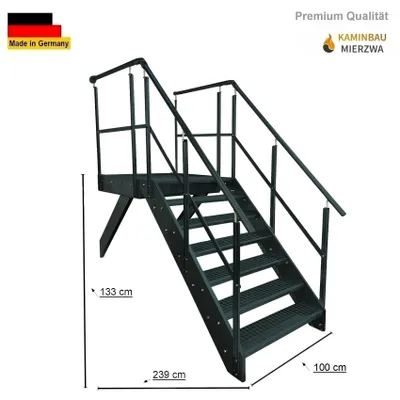 Produktbild von Podesttreppe Wangen- Stahltreppe 7 Stufen Höhe 133 cm inklusive Podest 100x100cm mit Geländer Anthrazit Ausrichtung Treppe Vorne (Front) Aussentreppe