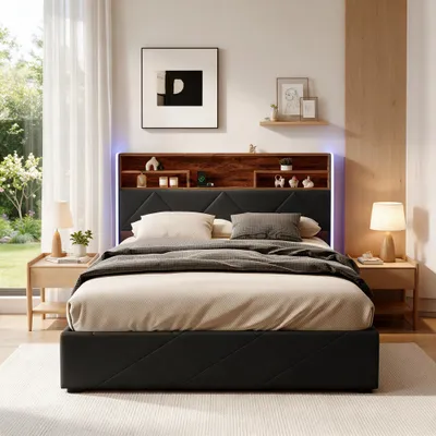 Obrázek produktu pro Postel pro mládež INONEFT, čalouněná, rozměry 140x200 cm, s LED osvětlením, hydraulický úložný prostor, čelo postele s úložným prostorem a USB porty, barva: černá (PU)