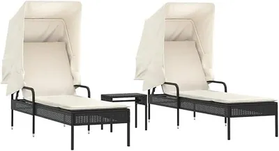 Produktbild von 2er Set Sonnenliegen mit Dach und Tisch Schwarz Poly-Rattan Gartenliege verstellbar mit Kissen in Cremeweiß Relaxliege Sonneninsel für Garten und Terrasse