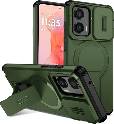 Obrázek produktu pro Magnetické pouzdro pro Motorola Moto G Stylus 2024, dvouvrstvé odolné pouzdro s posuvnou ochranou fotoaparátu a nastavitelným stojánkem Zelená