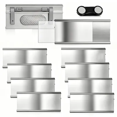 Produktbild von 10er-Packung magnetische Namensschilder aus Aluminium, 72 x 31 mm, silberne Anstecknadeln
