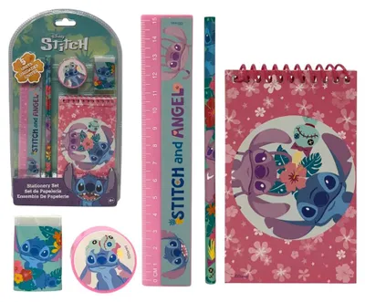 Image de Ensemble de papeterie Disney Marvel, comprenant 5 articles : bloc-notes, crayons, accessoires. Idée cadeau (personnages Stitch et Angel)