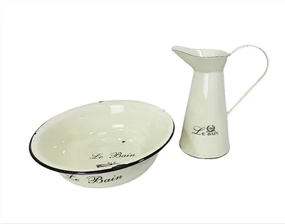 Produktbild von Waschtisch Set, Emaille Waschset, Kanne und Waschschüssel im Landhaus Stil
