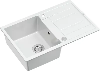 Obrázok produktu pre Kuchynský drez QUADRON s 1 misou | Rozmery: 78 x 50 x 22 cm | MORGAN 111 | Kuchynský drez GraniteQ granitový drez so sifónom | Biela a oceľ