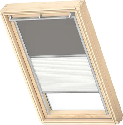 A close-up view of a VELUX skylight window with blinds.