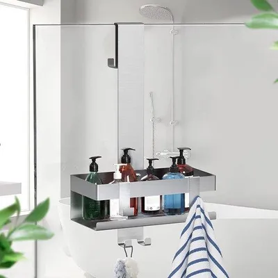 Produktbild von Ibenzoa® Duschablage aus Edelstahl (SUS 304) 42,5 cm mit Haken, 2 abnehmbaren Aufhängungen, nickelgebürstet, 8 kg Tragkraft, für Glas bis 1,5 cm – ohne Bohren
