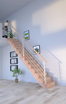 Produktbild von Holztreppe Lindos (Buche) in gerader Ausführung-100 cm-Design Geländer Edelstahl-mit Setzstufen