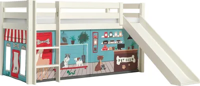 Produktbild von Halbhohes Bett Pino mit Rutsche und Textilset Tiere Kiefer Weiß lackiert