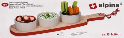 Produktbild von Snack- und Soßenschalen-Set von Alpina auf Holzbrett, Keramik-Schalen, Design rustikal Größe ca. 33 x 4,5 cm, Farbe Rot