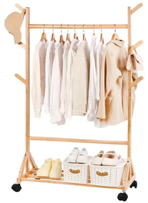 Image de Porte-vêtements en bambou, 100 cm, idéal pour la chambre, avec étagère et crochets, mobile