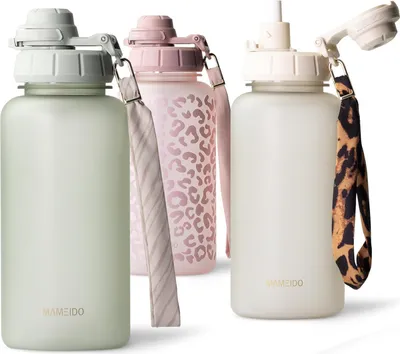 Produktbild von MAMEIDO Trinkflasche 1l mit Strohhalm & Zeitmarkierung als Trinkerinnerung, Wasserflasche auslaufsicher, Sportflasche BPA-frei, Gym Water Bottle,