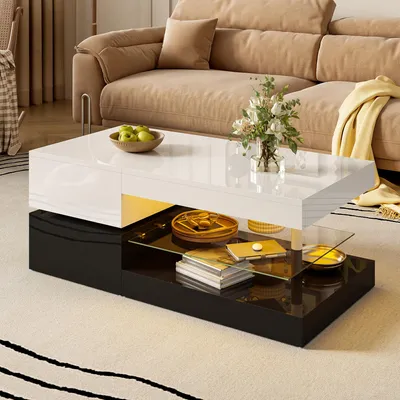 Produktbild von Merax Couchtisch 90x45x35,5cm mit LED, Sofatisch mit APP- und Bluetooth-Steuerung, Beistelltisch mit Glasplatte für Wohnzimmer, Hochglanz Weiß