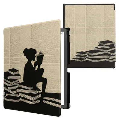 Zdjęcie produktu dla Etui ochronne kwmobile dla Amazon Kindle Scribe 11" (2025) - etui typu flip case z funkcją automatycznego wyłączania, wzór: czytająca kobieta, kolor: czarny i beżowy