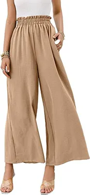 Image de ASKSA Femmes Pantalon d'été taille haute Pantalon large Jupe-culotte plissée Pantalon d'été loisirs avec poche, Kaki, M