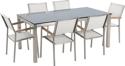 Obrázok produktu pre BELIANI Záhradná jedálenská súprava čierny sklenený stôl 180 x 90 cm 6 bielych textilných stoličiek