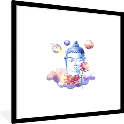 Produktbild von MuchoWow® MuchoWow® Gerahmtes Poster Buddha - Kopf - Blumen 40x40 cm - Poster mit zchwarzem Bilderrahmen - Poster - Plakat im Rahmen