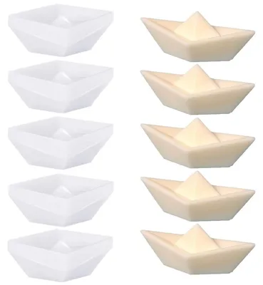 Productafbeelding van Siliconenmal voor een boot, een 3D-origamischeepje, een vorm voor kaarsen, een vorm voor zeep om taarten mee te decoreren, en een vorm voor chocolade en sojawas voor knutselprojecten