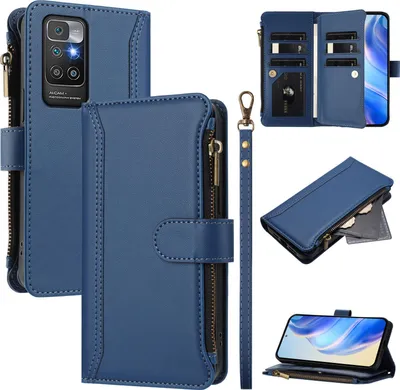 Image de Etui pour Xiaomi Redmi 10 4G, zippé, étui portefeuille en cuirPolyuréthaneavec pochettes pour cartes, support et dragonne bleu