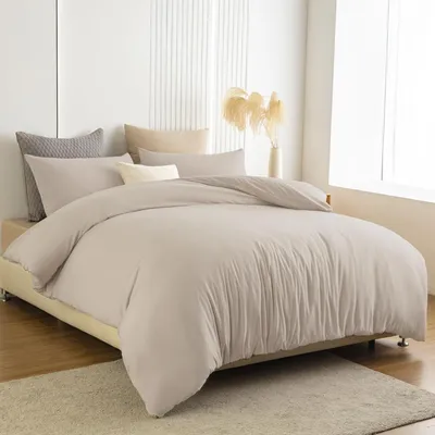 Produktbild von Bettwäsche-Set 180x200 cm Beige Mikrofaser Bügelfrei Knitterfrei mit 2x Kissenbezug 80x80 cm Reißverschluss