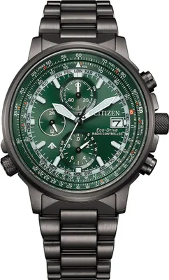A close-up studio shot of a men's wristwatch with a green dial and a metal bracelet.