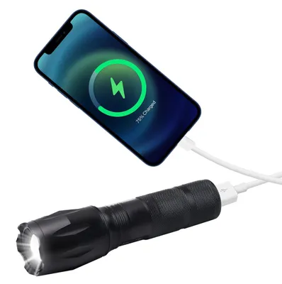 Produktbild von Wiederaufladbare Cree LED-Taschenlampe (260lm) mit Powerbank – USB-Taschenlampe IP44, Zoom & 200m Leuchtweite