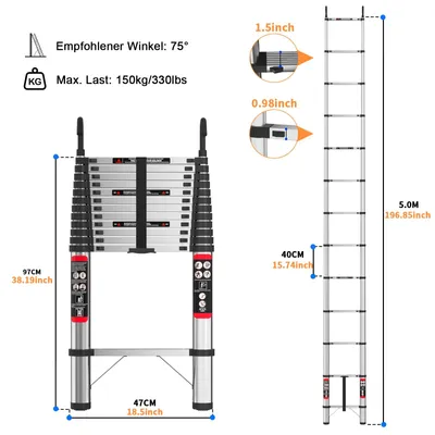 Obrázok produktu pre Teleskopická rebrík – pracovná rebrík, 5 m – nerezová oceľ – výsuvná a skladacia – protišmykové nožičky – s hákom – ľahko prenosná
