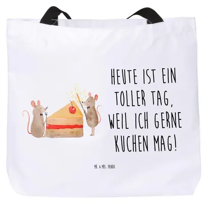 Produktbild von Mr. & Mrs. Panda Einkaufstasche Mäuse Kuchen - Weiß - Geschenk, Tasche, Beutel, Happy Birthday, Laptoptasche, Geburtstag, Schultasche, Tote Bag, Kuchenliebe, Strandtasche