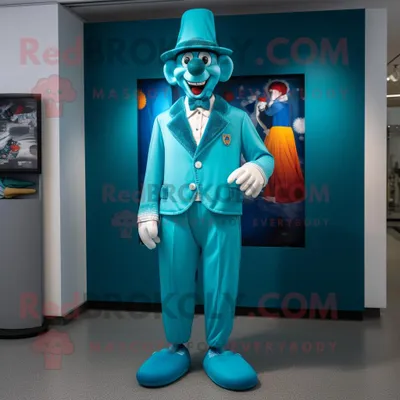 Productafbeelding van Turquoise Clown mascotte REDBROKOLY kostuum karakter gekleed met een colbert en petten