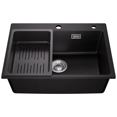 Produktbild von CECIPA Granitspüle 60x45 cm Schwarz Küchenspüle Granit Spülbecken Spüle Granit Einbauspüle Hitzebeständig Kratzfest mit Siphon, Pflegeleicht