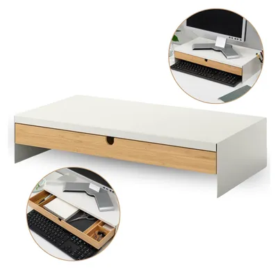 A white monitor stand with a wooden drawer front is shown on a white background. Inset images show the monitor stand in use on a desk with a keyboard and office supplies.
