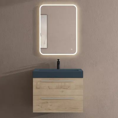 Immagine prodotto di doporro Mobile Bagno Sospeso73cm, Mobile da Bagno con Lavabo in Antracite Opaco e Specchio LED, Rovere chiaro, Seria Quadratto