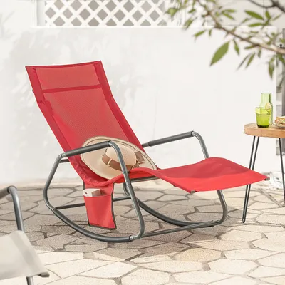 Zdjęcie produktu dla SoBuy OGS47-R Leżak bujany ogrodowy z kieszenią boczną Leżak ogrodowy Fotel relaksacyjny Leżak bujany szer. x wys. x gł. ok.: 145 x 84 x 57 cm
