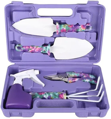 Immagine prodotto di Set di 5 utensili da giardino Unyqoos® con manici ergonomici antiscivolo, motivo floreale, set da giardino leggero con pratica scatola di stoccaggio