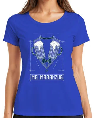 Productafbeelding van Maatpak, bierkan, Oktoberfest-kleding, grappig, lederen broek, vrijgezellenfeest, dames T-shirt, blauw, maat M