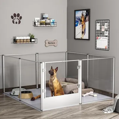 Imagen del producto de Jaula para cachorros de acrílico: recinto para perros para interiores, juego de 8 piezas, valla para cachorros de 80 cm de altura, jaula grande para cachorros para interiores con puerta y suelo impermeable