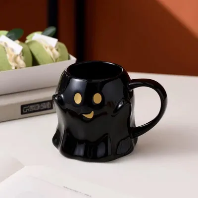 Obrázok produktu pre Keramická šálka, 440 ml, čierna, motív: Halloween, duch, karikatúra, kávová šálka, darčeková myšlienka