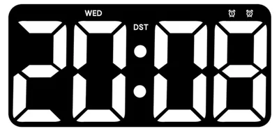 A digital clock displaying the time 20:08, with 'WED' and 'DST' indicators, and two small alarm icons.