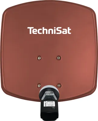 A satellite dish with a logo and a satellite receiver attached.