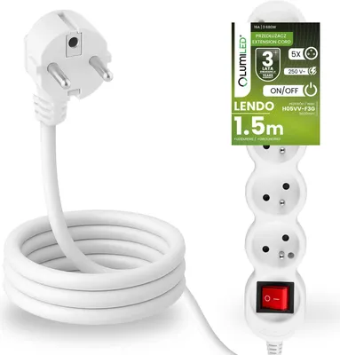 Produktbild von LUMILED Steckdosenleiste mit ON/OFF Schalter5-Fach Steckdose Typ E, 1,5m Kabel H05VV-F3G, Weiß, Mehrfachsteckdose E Stecker 16A 3680W 250V IP20 Halterung zum Aufhängen