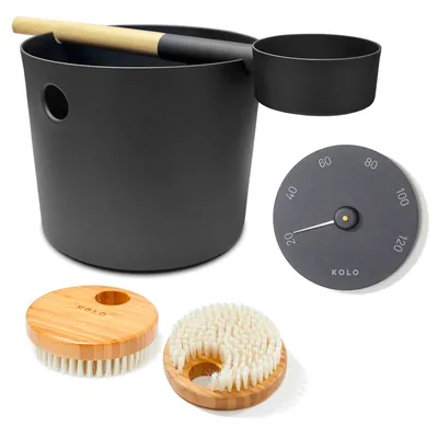 Produktbild von SET> KOLO Sauna Kübel, Kelle schwarz + Thermometer + Bürste