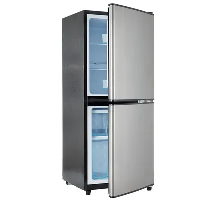 Produktbild von Mini-Kühlschrank 106L (60+46), 7 Temperaturstufen, silber/schwarz, LED, verstellbare Böden, 166 kWh, 45 dB.
