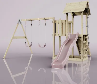 Produktbild von OutdoorToys Spielturm mit Wellenrutsche und 2x Kinder-Schaukel, Outdoor Klettergerüst Garten mit Plattform, Ausführung: Kinderschaukel, Farbe: Altrosa, mit Kinderschaukel