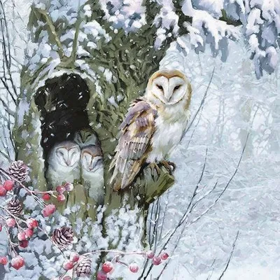 Produktbild von 20 Servietten Barn Owl - Eulenfamilie im Baum 33x33cm