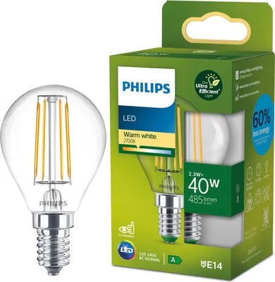 Produktbild von Philips Filament-Lampe, Tropfenform, transparent 40W P45 E14, 2,3 W, 40 W, E14, 485 lm, 50000 h