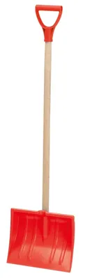 A red snow shovel with a wooden handle and a red D-shaped grip, isolated on a white background.