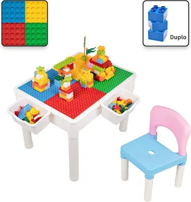 Produktbild von Kinder Spielzeug Tisch mit 1 Stuhl - Spiel Tisch mit Bauplan und glatter Seite - 2 Schalen - für Duplo Baukasten