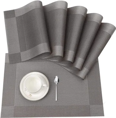 Produktbild von Hitzebeständiges waschbares rutschfestes PVC-Tischset für Haus und Restaurant 6 Pack Silber