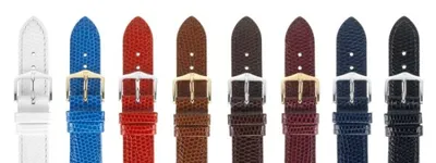 Produktbild von HIRSCH Rainbow- Kalbsleder- Eidechsenprägung (Länge: L (120mm / 80mm) / Anstoßbreite: 20 (zu 18) / Schließe: Edelstahl (Silber) / Sonderanfertigung*: nein / Farbe / Naht: Blau glänzend / Blau / Polsterung (Ansatz / Schließe) in mm: 3,3 mm / 2,5 mm)