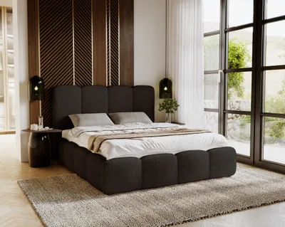 Obrázok produktu pre Čalúnená posteľ 200x200 cm Merkad Bouclé – dvojposteľ, posteľ do spálne – rošt a úložný priestor – Bouclé čierna